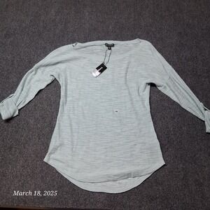 NWT Express Shirt Women Size XS Blue Boat Neck Roll Tab Sleeve Knit